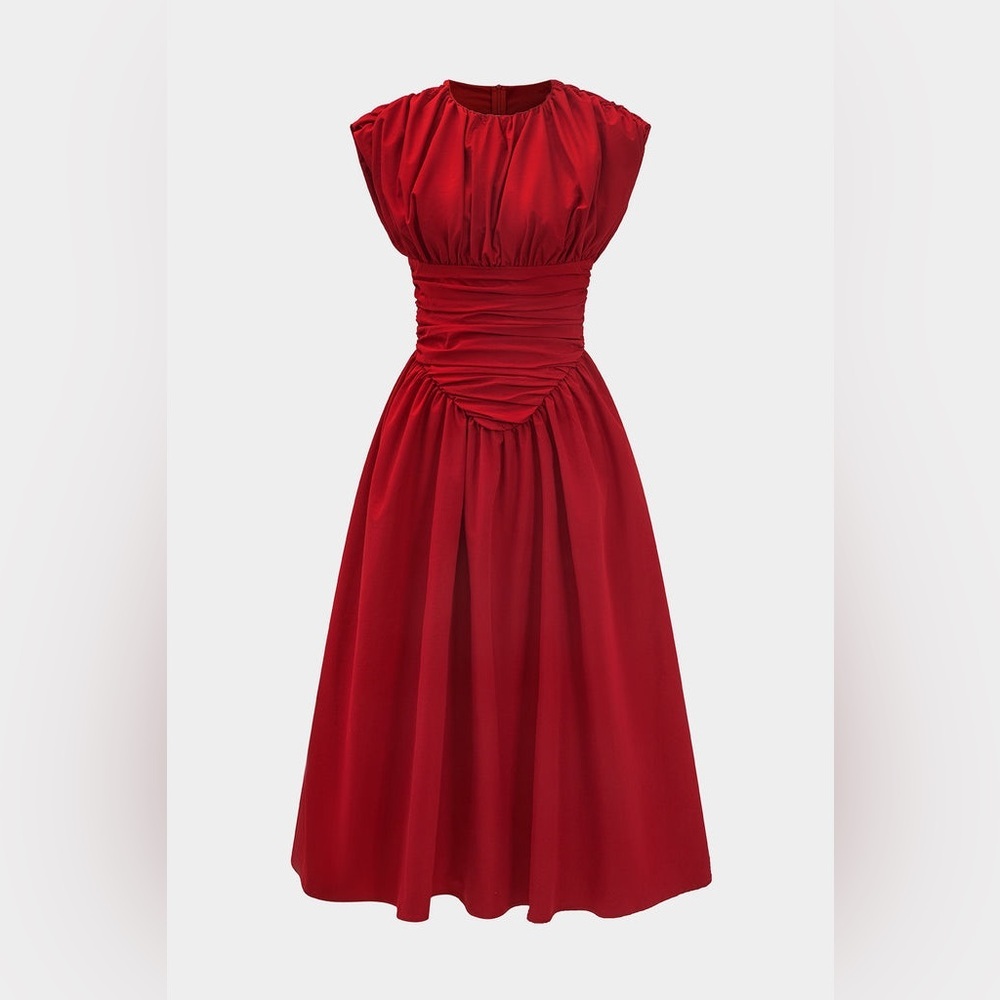 Strapless Red Ruched Waist Midi Dress
